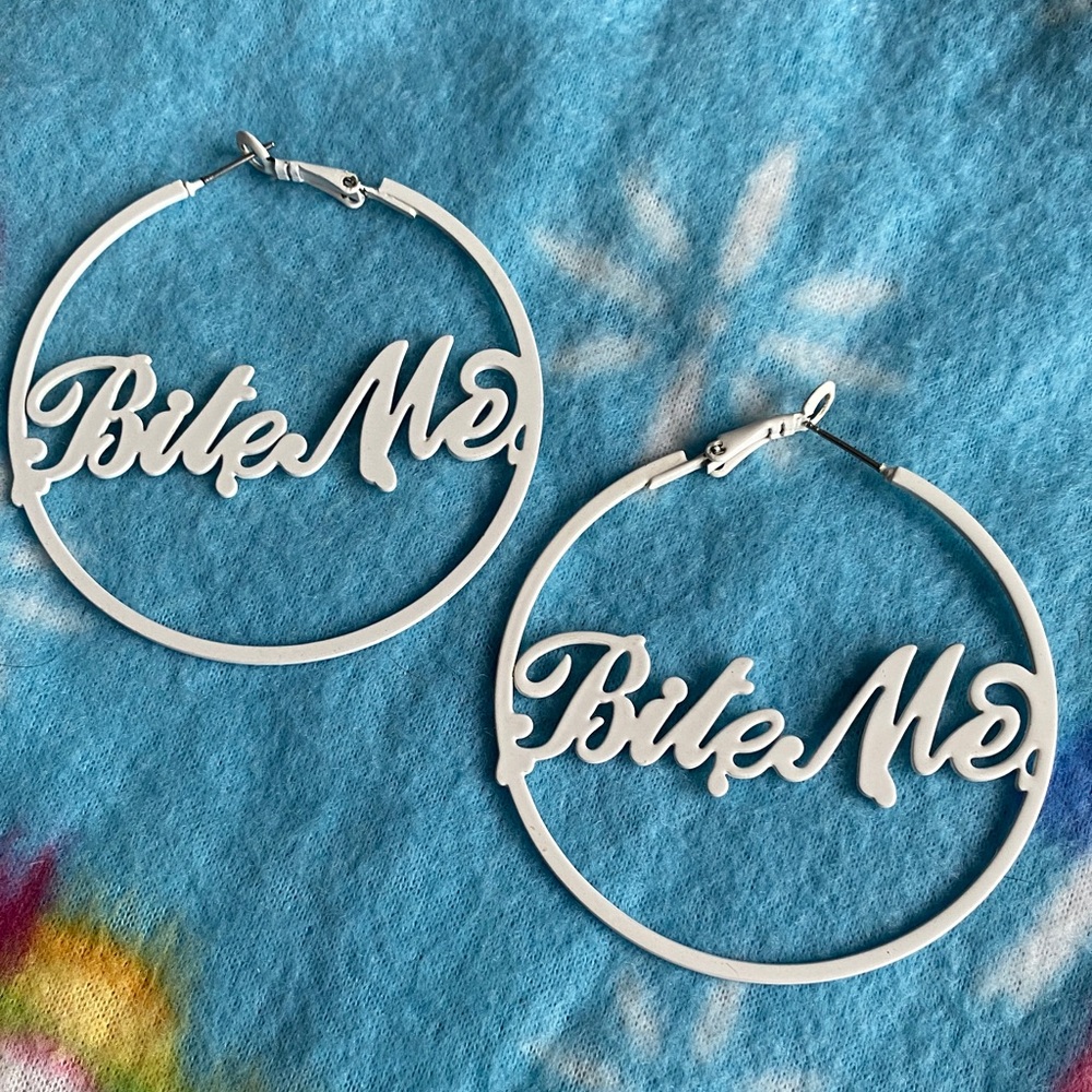 Bold White 'Bite Me' Hoop Earrings